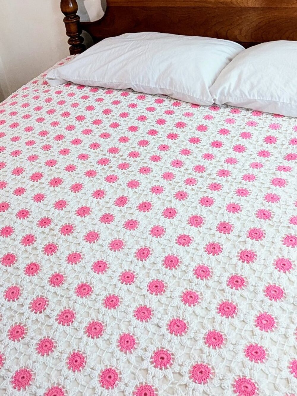 Boho Cottagecore Crochet Quilt ~ Bright Pink/White ~ Hand Crocheted Cotton